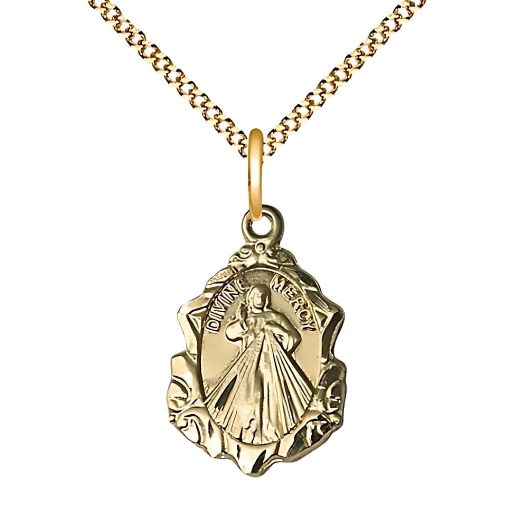 Bliss Divine Mercy fancy design 14kt gold-filled pendant necklace with 18-inch gold-plated, measures 3/4-inch tall by 1/2-inch wide