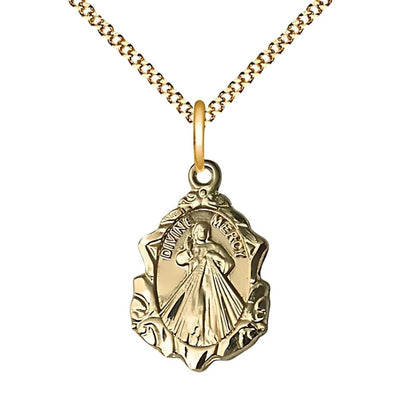 Divine Mercy fancy design 14kt gold-filled pendant necklace with 18-inch gold-plated, measures 3/4-inch tall by 1/2-inch wide, Bliss Manufacturing