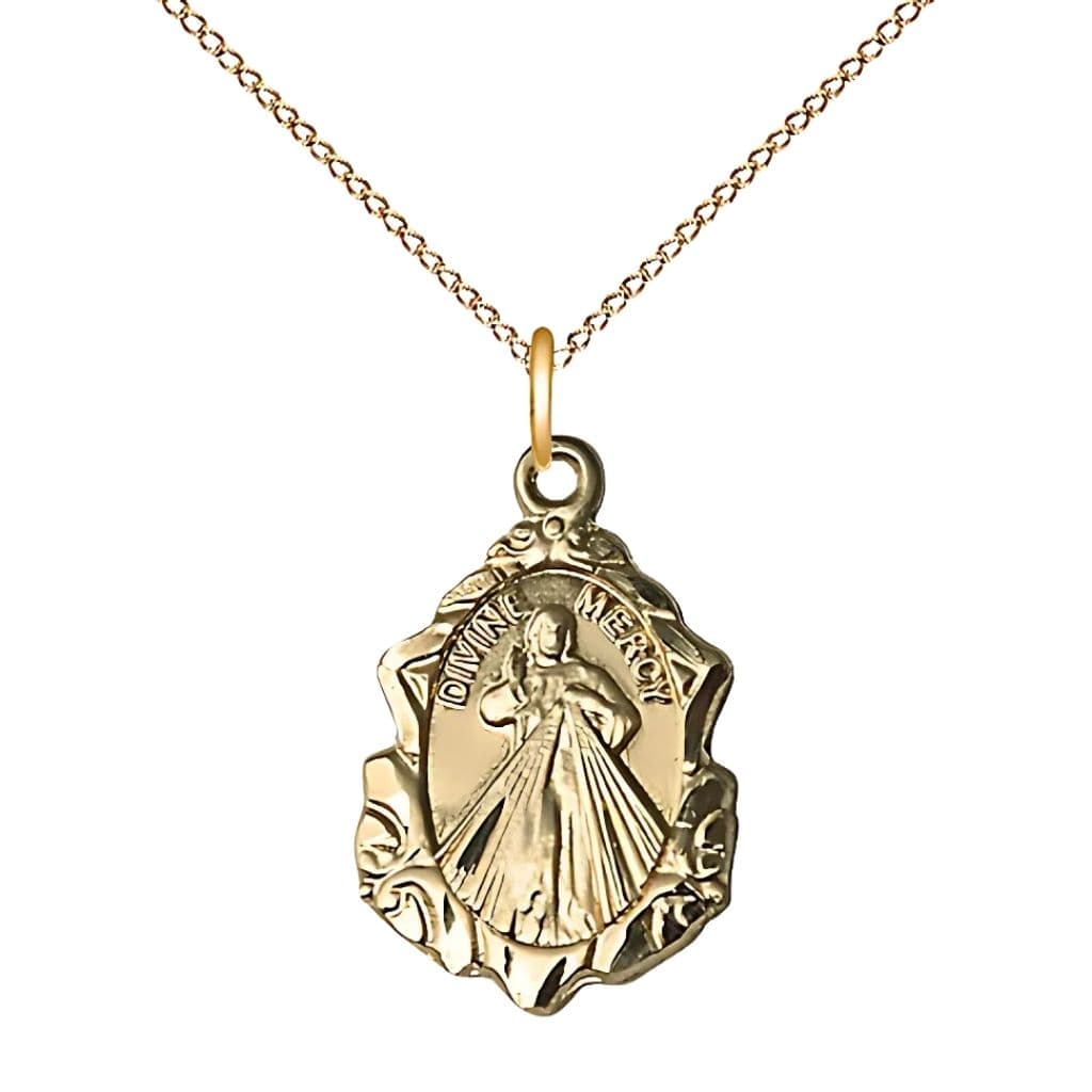 Bliss Divine Mercy fancy design 14kt gold-filled pendant necklace with 18-inch gold-filled, measures 3/4-inch tall by 1/2-inch wide