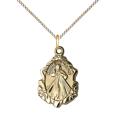 Divine Mercy fancy design 14kt gold-filled pendant necklace with 18-inch gold-filled, measures 3/4-inch tall by 1/2-inch wide, Bliss Manufacturing