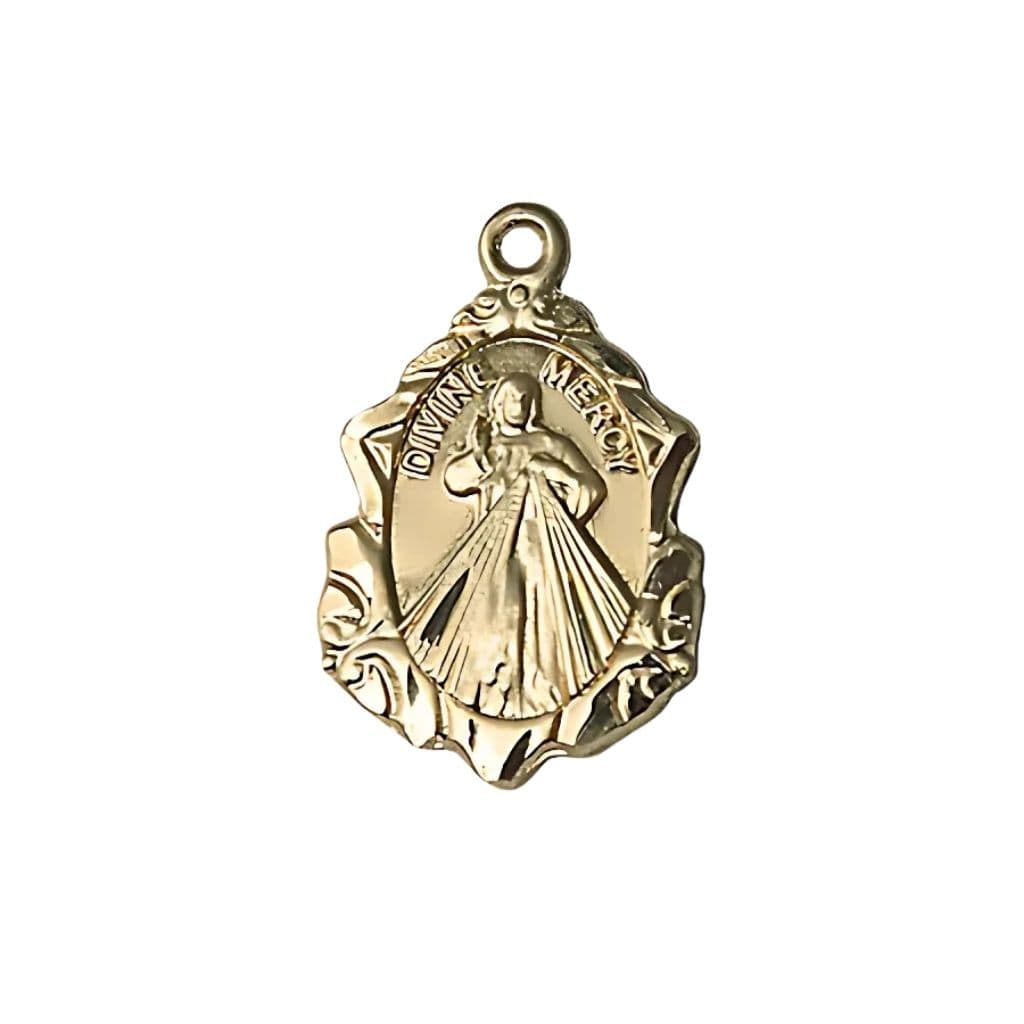 Bliss Divine Mercy fancy design 14kt gold pendant, measures 3/4-inch tall by 1/2-inch wide