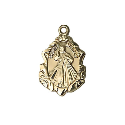 Divine Mercy fancy design 14kt gold pendant, measures 3/4-inch tall by 1/2-inch wide, Bliss Manufacturing