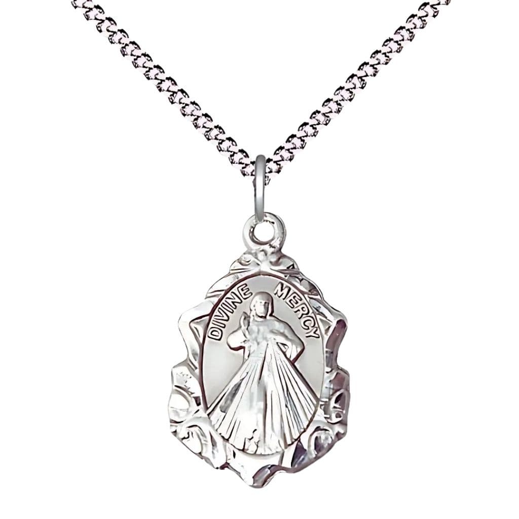 Bliss Divine Mercy fancy design pewter pendant necklace with 18-inch rhodium-plated, measures 3/4-inch tall by 1/2-inch wide
