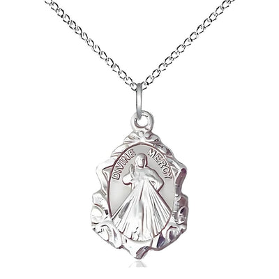 Divine Mercy fancy design sterling silver pendant necklace with 18-inch sterling silver, measures 3/4-inch tall by 1/2-inch wide, Bliss Manufacturing
