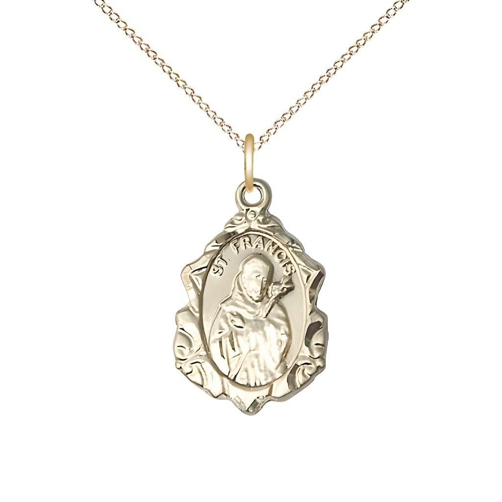 St. Francis of Assisi Fancy Design 14kt Gold-filled Pendant Necklace with Gold-filled Chain, Measures 3/4 X 1/2
