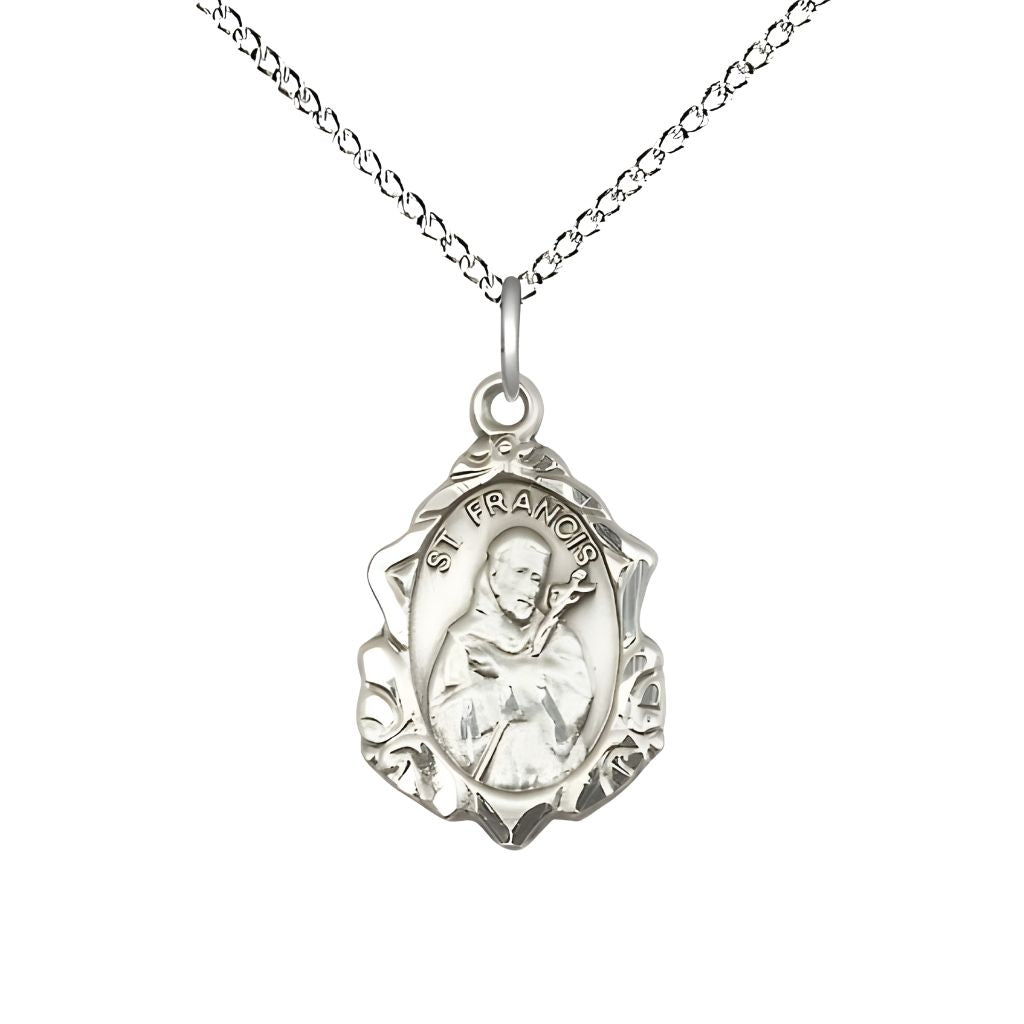 St. Francis of Assisi Fancy Design Sterling Silver Pendant Necklace with Sterling Chain, Measures 3/4 X 1/2
