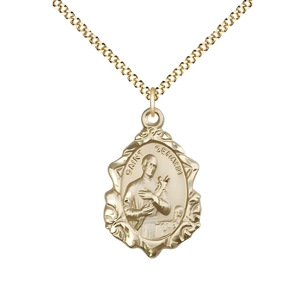 Bliss Manufacturing St. Gerard Fancy Design 14kt Gold-filled Pendant Necklace with Gold-plated Light Curb Chain, measures 7/8-inch tall by 1/2-inch wide,