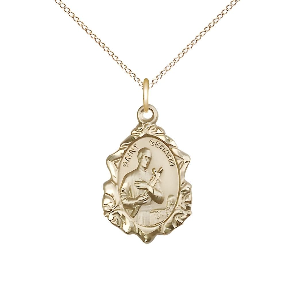 Bliss Manufacturing St. Gerard Fancy Design 14kt Gold-filled Pendant Necklace with Gold-filled Light Curb Chain, measures 7/8-inch tall by 1/2-inch wide,