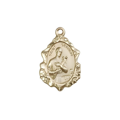 St. Gerard Fancy Design 14kt Gold Pendant, measures 7/8-inch tall by 1/2-inch wide, Bliss Manufacturing