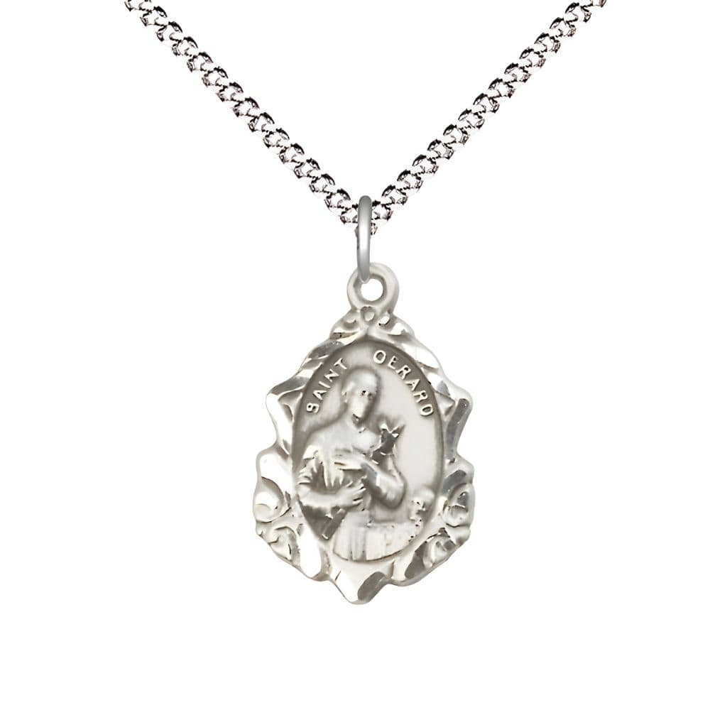 Bliss Manufacturing St. Gerard Fancy Design Sterling Silver Pendant Necklace with Rhodium-plated Light Curb Chain, measures 7/8-inch tall by 1/2-inch wide,
