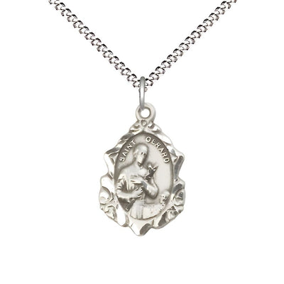 St. Gerard Fancy Design Sterling Silver Pendant Necklace with Rhodium-plated Light Curb Chain, measures 7/8-inch tall by 1/2-inch wide, Bliss Manufacturing