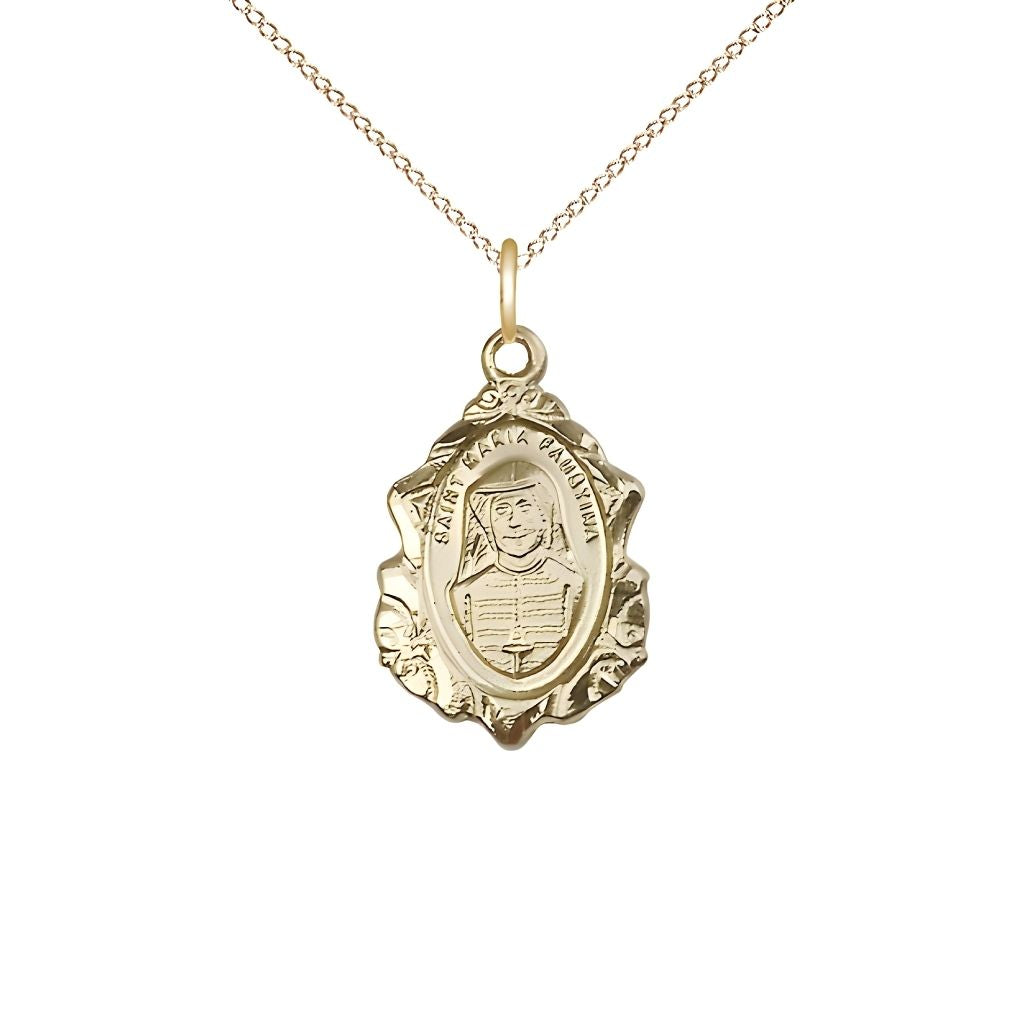 Bliss Manufacturing St. Maria Faustina Fancy Design 14kt Gold-filled Pendant Necklace with Chain, Measures 3/4-inch tall by 1/2-inch wide.