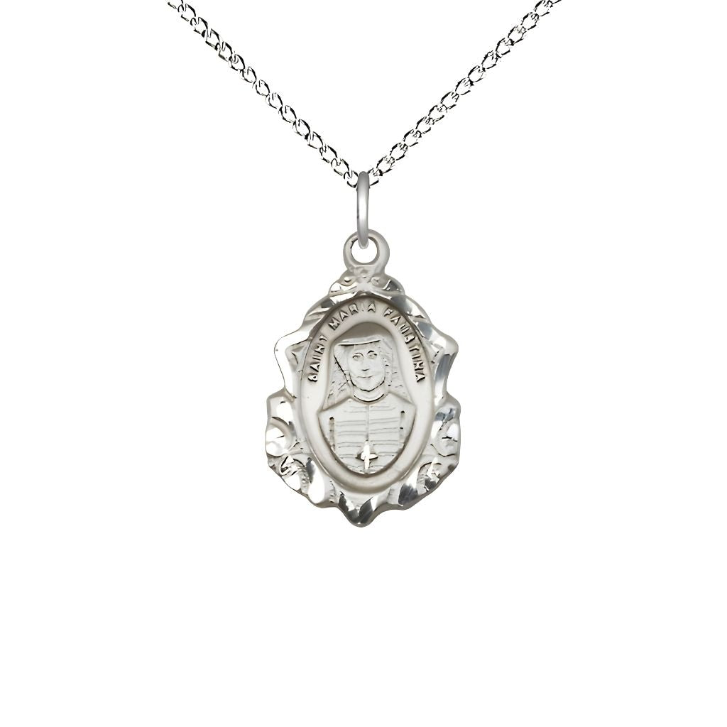 Bliss Manufacturing St. Maria Faustina Fancy Design Sterling Silver Pendant Necklace with Chain, Measures 3/4-inch tall by 1/2-inch wide.