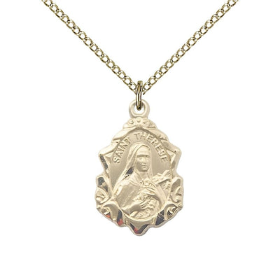 St. Therese of Lisieux Fancy Design 14kt Gold-filled Pendant Necklace with Gold-filled Chain, measures 7/8-inch tall by 1/2-inch wide, Bliss Manufacturing