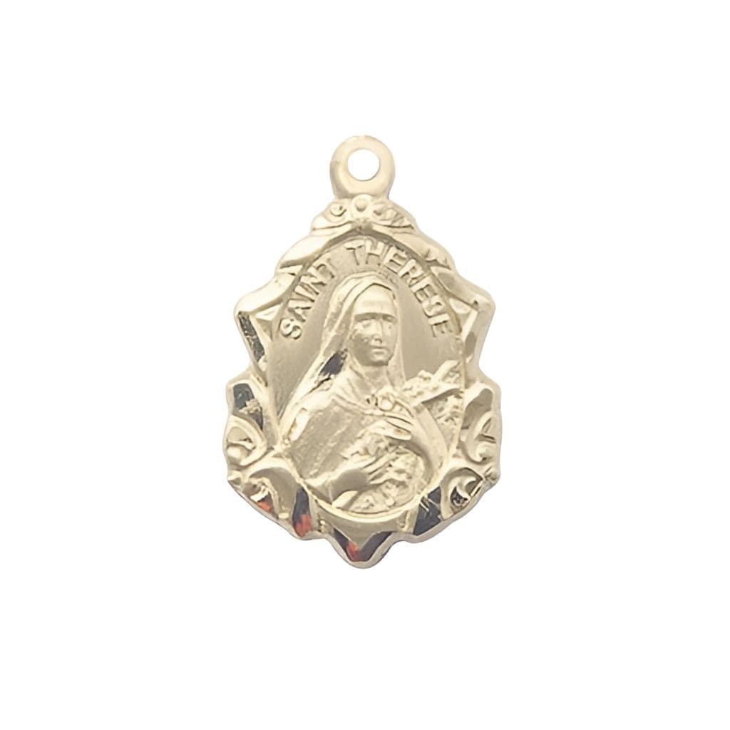 Bliss St. Therese of Lisieux Fancy Design 14kt Gold Pendant, measures 7/8-inch tall by 1/2-inch wide,