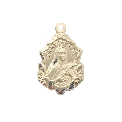 St. Therese of Lisieux Fancy Design 14kt Gold Pendant, measures 7/8-inch tall by 1/2-inch wide, Bliss Manufacturing