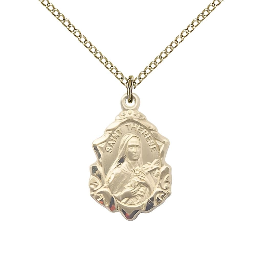 Bliss St. Therese of Lisieux Fancy Design 14kt Gold Pendant Necklace with 14kt Gold Chain, measures 7/8-inch tall by 1/2-inch wide,