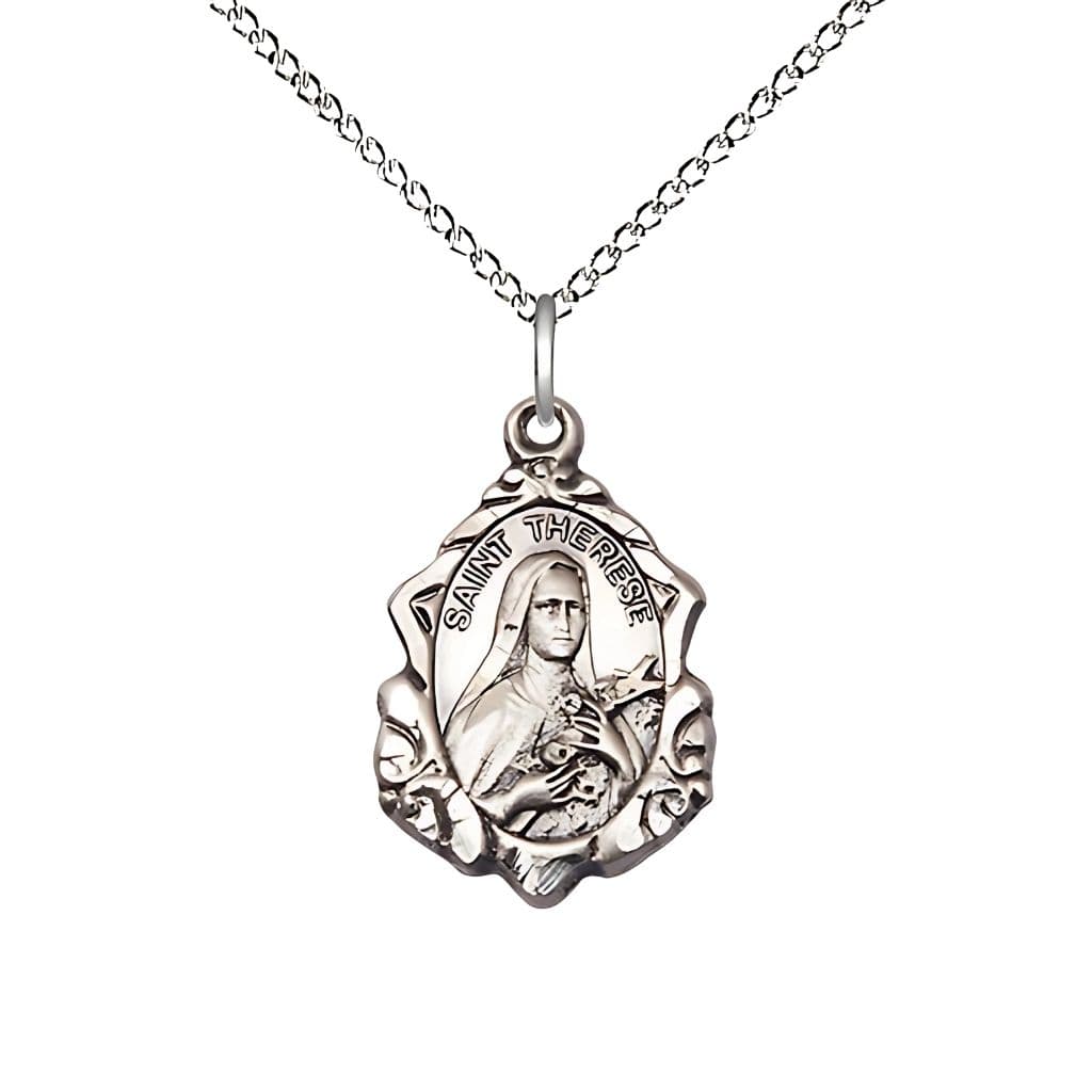Bliss St. Therese of Lisieux Fancy Design Sterling Silver Pendant Necklace with Sterling Chain, measures 7/8-inch tall by 1/2-inch wide,