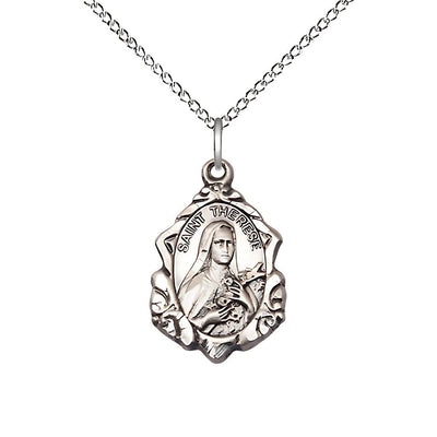 St. Therese of Lisieux Fancy Design Sterling Silver Pendant Necklace with Sterling Chain, measures 7/8-inch tall by 1/2-inch wide, Bliss Manufacturing