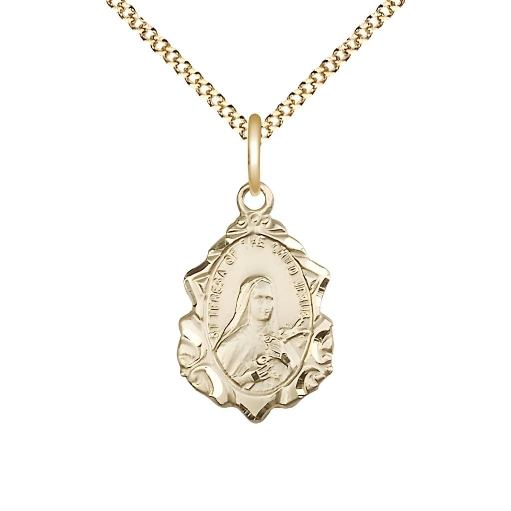 St. Theresa Fancy Design 14kt Gold-filled Pendant Necklace with Gold-Plated Chain, Medal measures 7/8-inch tall by 1/2-inch wide,