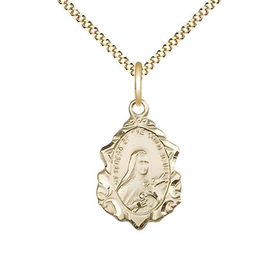 St. Theresa Fancy Design 14kt Gold-filled Pendant Necklace with Gold-Plated Chain, Medal measures 7/8-inch tall by 1/2-inch wide, Bliss Manufacturing