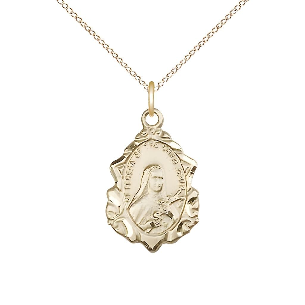 St. Theresa Fancy Design 14kt Gold-filled Pendant Necklace with Gold-Filled Chain, Medal measures 7/8-inch tall by 1/2-inch wide,