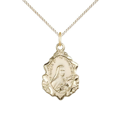 St. Theresa Fancy Design 14kt Gold-filled Pendant Necklace with Gold-Filled Chain, Medal measures 7/8-inch tall by 1/2-inch wide, Bliss Manufacturing