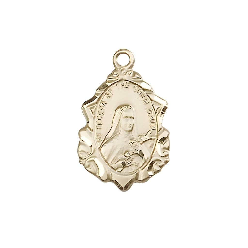 St. Theresa Fancy Design 14kt Gold Pendant, Medal measures 7/8-inch tall by 1/2-inch wide,