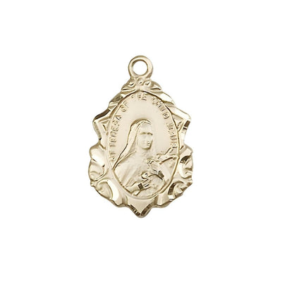 St. Theresa Fancy Design 14kt Gold Pendant, Medal measures 7/8-inch tall by 1/2-inch wide, Bliss Manufacturing
