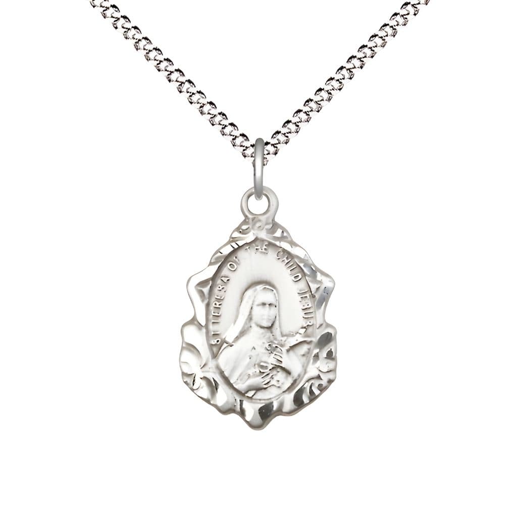 St. Theresa Fancy Design Sterling Silver Pendant Necklace with Plated Chain, Medal measures 7/8-inch tall by 1/2-inch wide,