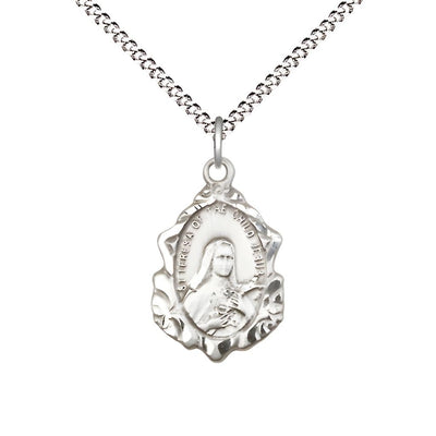 St. Theresa Fancy Design Sterling Silver Pendant Necklace with Plated Chain, Medal measures 7/8-inch tall by 1/2-inch wide, Bliss Manufacturing