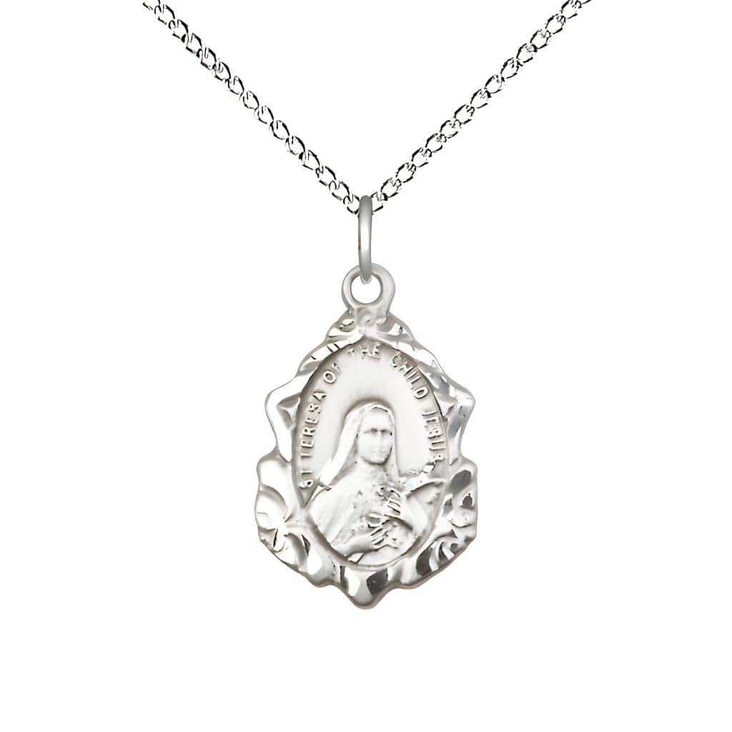 St. Theresa Fancy Design Sterling Silver Pendant Necklace with Sterling Chain, Medal measures 7/8-inch tall by 1/2-inch wide,