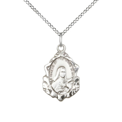 St. Theresa Fancy Design Sterling Silver Pendant Necklace with Sterling Chain, Medal measures 7/8-inch tall by 1/2-inch wide, Bliss Manufacturing