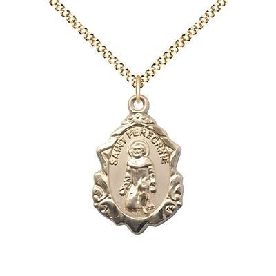 St. Peregrine Fancy Design Gold-filled Medal Necklace with Gold-plated Chain, Measures 7/8-inch tall by 1/2-inch wide, gift box, Bliss Manufacturing