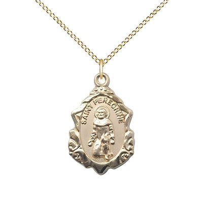St. Peregrine Fancy Design Gold-filled Medal Necklace with Gold-filled Chain, Measures 7/8-inch tall by 1/2-inch wide, gift box, Bliss Manufacturing
