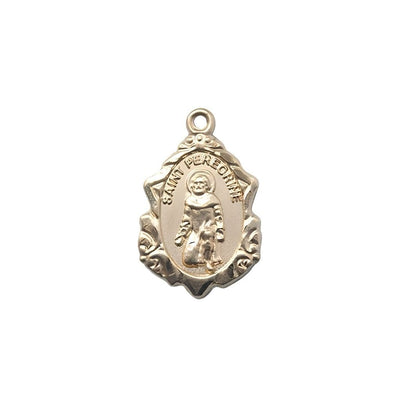 St. Peregrine Fancy Design 14kt Gold Medal, Measures 7/8-inch tall by 1/2-inch wide, gift box, Bliss Manufacturing