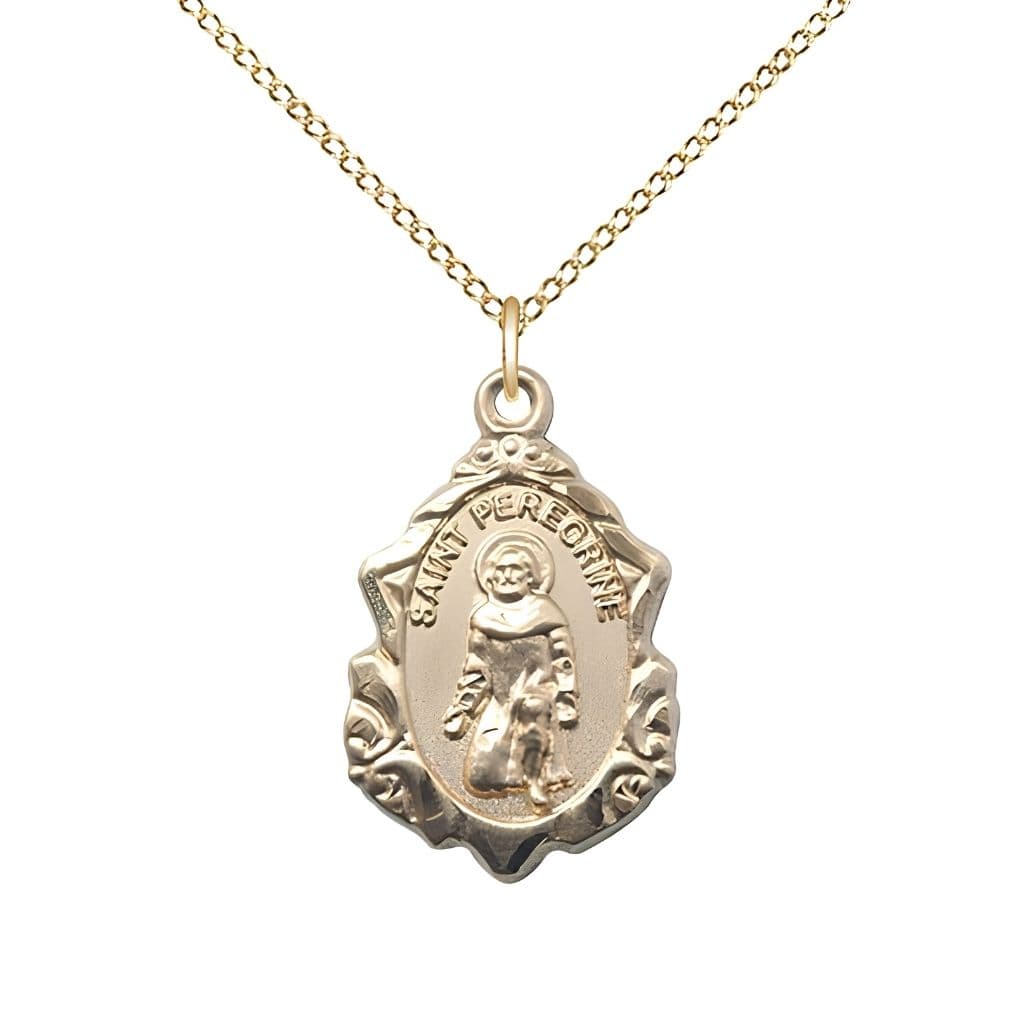 Bliss St. Peregrine Fancy Design 14kt Gold Medal Necklace with 14kt Gold Chain, Measures 7/8-inch tall by 1/2-inch wide, gift box,