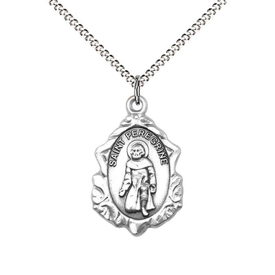 St. Peregrine Fancy Design Sterling Silver Medal Necklace with Rhodium-plated Chain, Measures 7/8-inch tall by 1/2-inch wide, gift box, Bliss Manufacturing