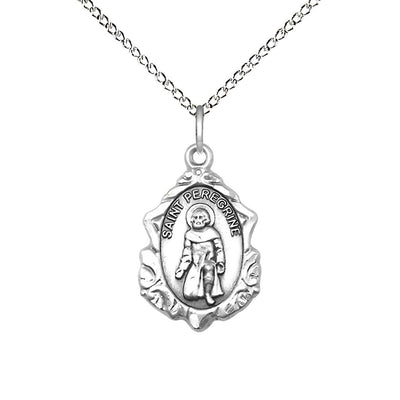 St. Peregrine Fancy Design Sterling Silver Medal Necklace with Sterling Silver Chain, Measures 7/8-inch tall by 1/2-inch wide, gift box, Bliss Manufacturing