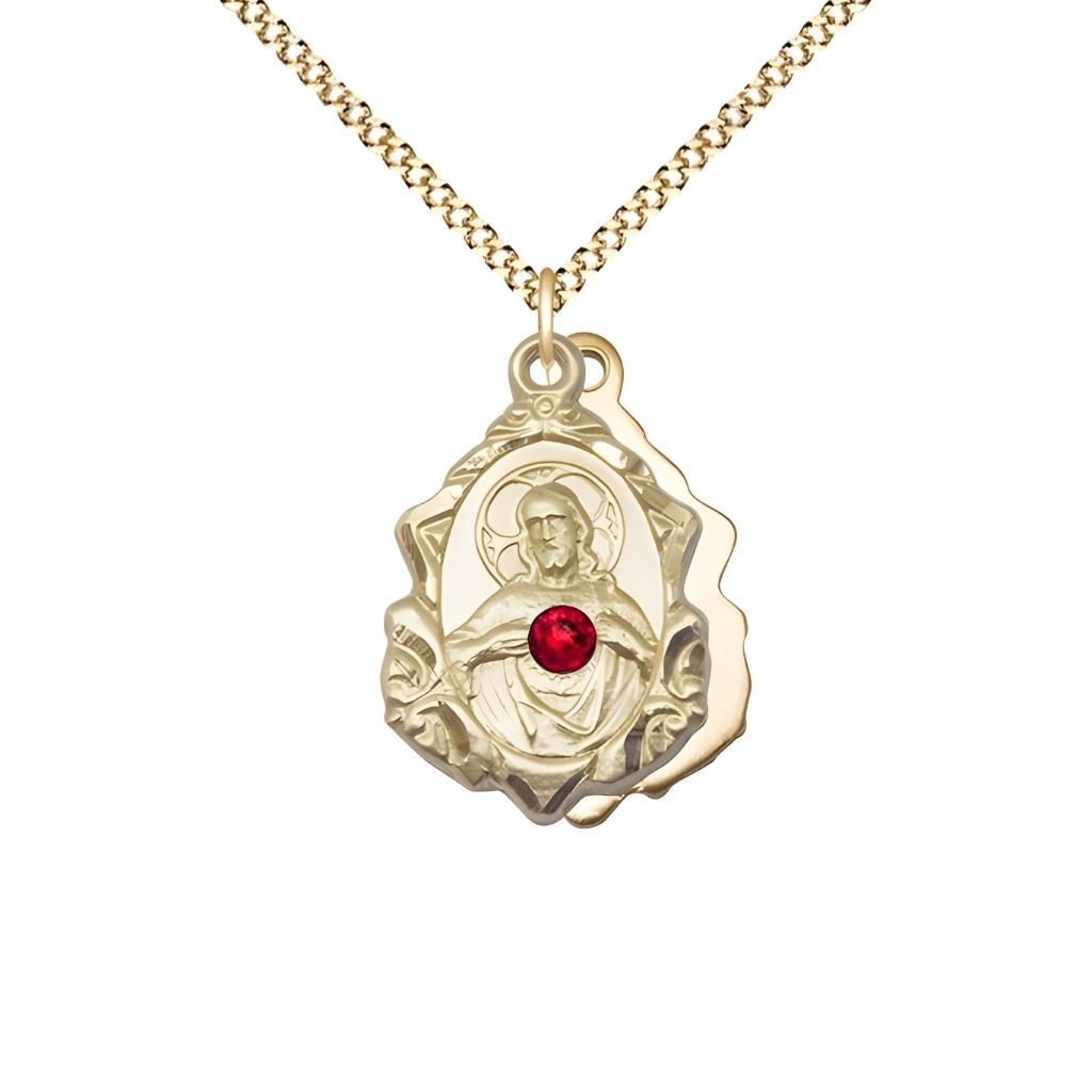 Bliss Sacred Heart Scapular Fancy Design 14kt Gold-filled  Medal Necklace with Red Crystal and Gold-plated Chain, measures 7/8-inch tall by 1/2-inch wide,