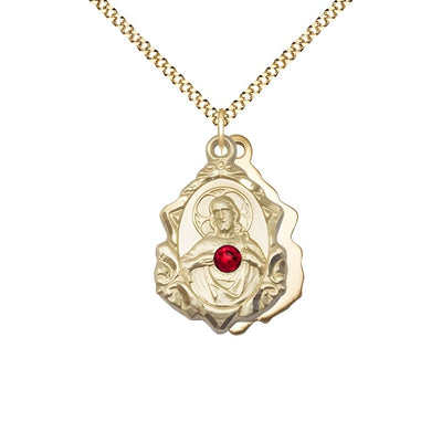 Sacred Heart Scapular Fancy Design 14kt Gold-filled Medal Necklace with Red Crystal and Gold-plated Chain, measures 7/8-inch tall by 1/2-inch wide, Bliss Manufacturing