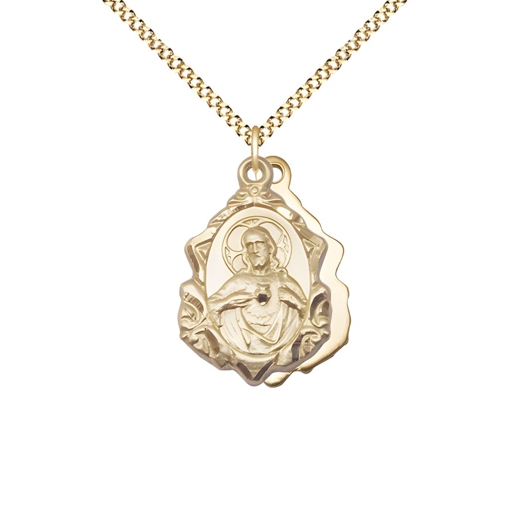 Bliss Sacred Heart Scapular Fancy Design 14kt Gold-filled  Medal Necklace with Gold-plated Chain, measures 7/8-inch tall by 1/2-inch wide,