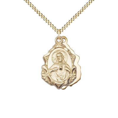 Sacred Heart Scapular Fancy Design 14kt Gold-filled Medal Necklace with Gold-plated Chain, measures 7/8-inch tall by 1/2-inch wide, Bliss Manufacturing