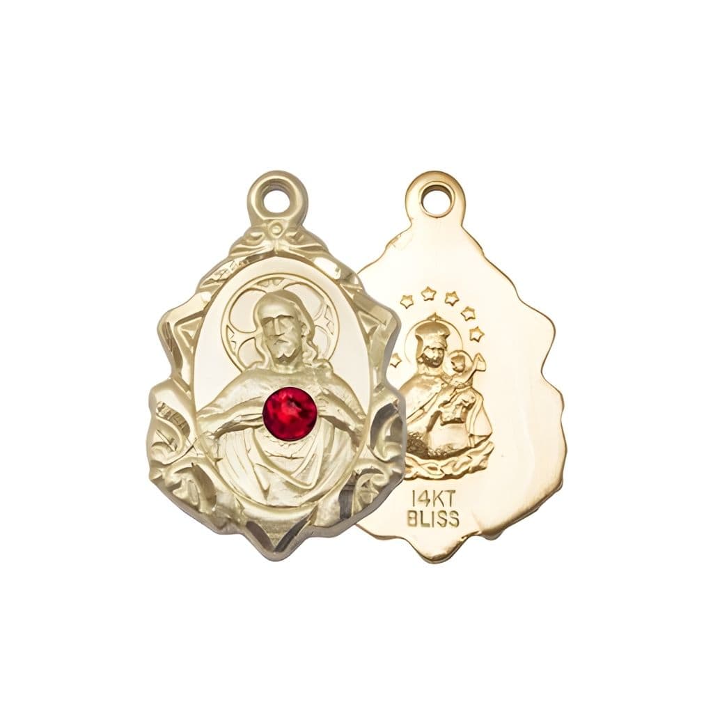 Bliss Sacred Heart Scapular Fancy Design 14kt Gold  Medal, measures 7/8-inch tall by 1/2-inch wide,