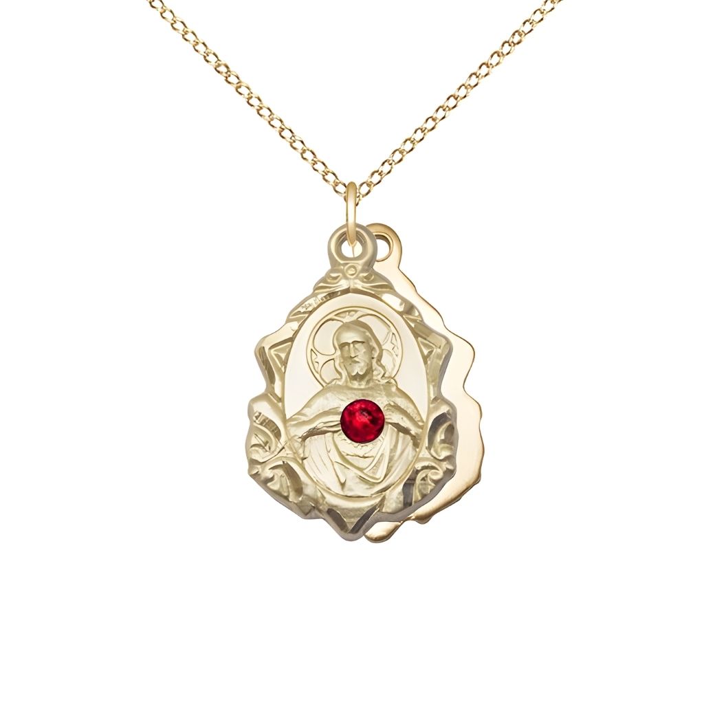 Bliss Sacred Heart Scapular Fancy Design 14kt Gold  Medal Necklace with Red Crystal and 14kt Gold Chain, measures 7/8-inch tall by 1/2-inch wide,
