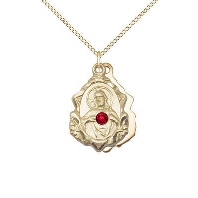 Sacred Heart Scapular Fancy Design 14kt Gold Medal Necklace with Red Crystal and 14kt Gold Chain, measures 7/8-inch tall by 1/2-inch wide, Bliss Manufacturing