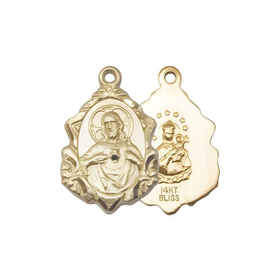 Sacred Heart Scapular Fancy Design 14kt Gold Medal, measures 7/8-inch tall by 1/2-inch wide, Bliss Manufacturing