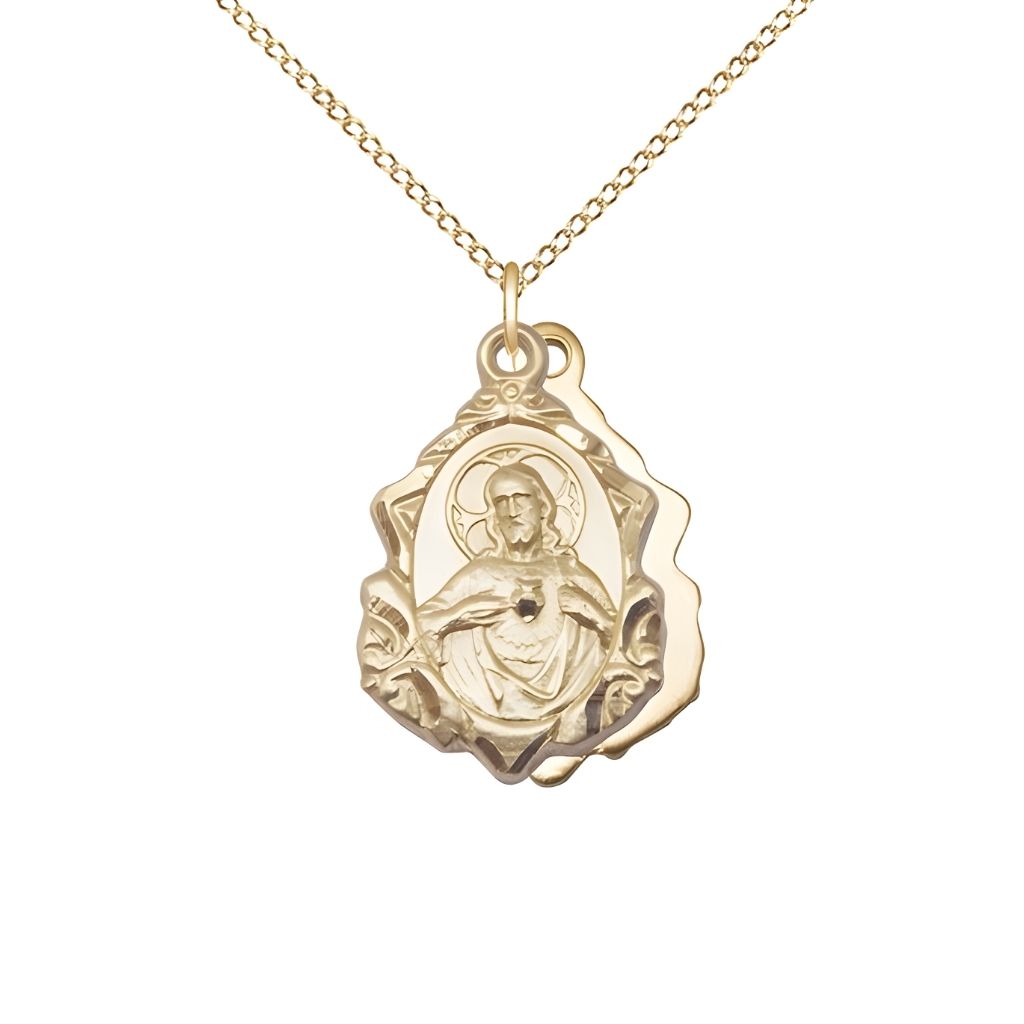 Bliss Sacred Heart Scapular Fancy Design 14kt Gold Medal Necklace with 14kt Gold Chain, measures 7/8-inch tall by 1/2-inch wide,