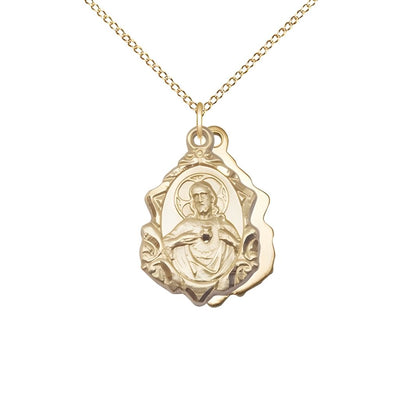 Sacred Heart Scapular Fancy Design 14kt Gold Medal Necklace with 14kt Gold Chain, measures 7/8-inch tall by 1/2-inch wide, Bliss Manufacturing