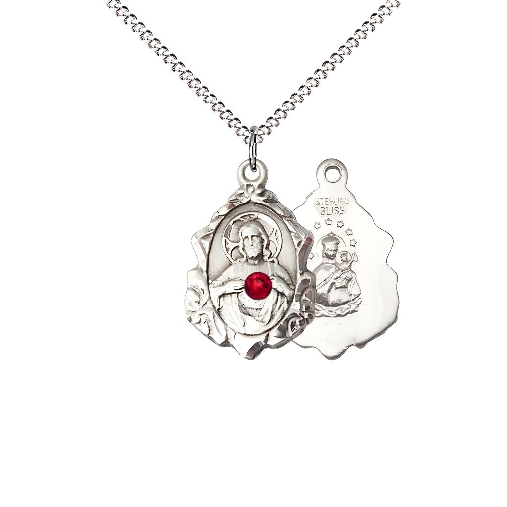 Bliss Sacred Heart Scapular Fancy Design Sterling Silver Medal Necklace with Red Crystal and Rhodium-plated Chain, measures 7/8-inch tall by 1/2-inch wide,